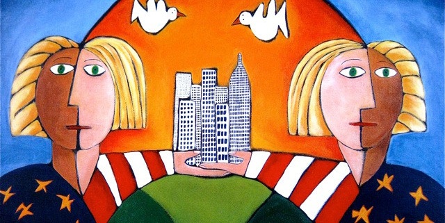 Twin Towers schilderij met twee vredesduiven 911 New York